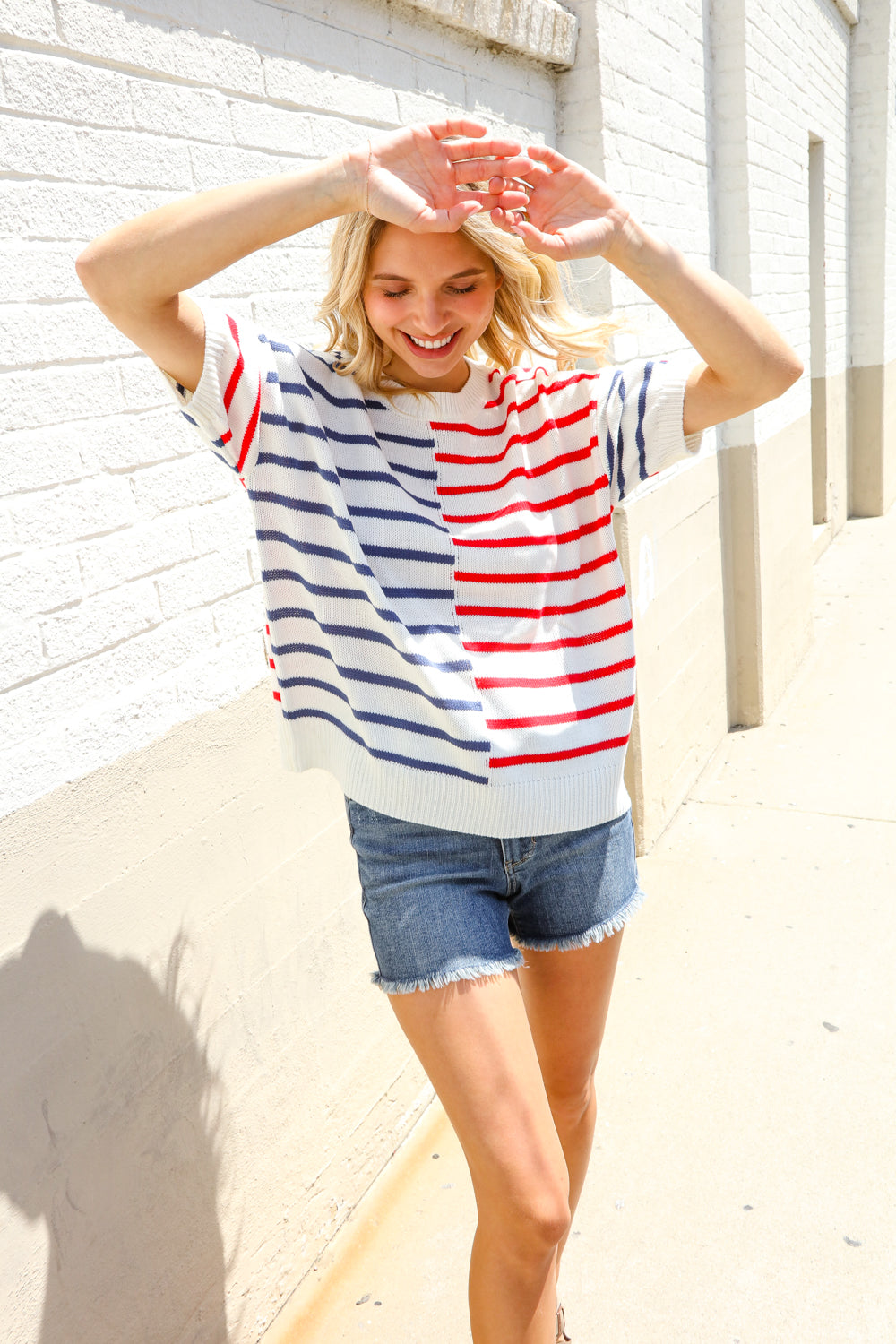 Patriotic Red & Blue Stripe Drop Shoulder Oversize Sweater Top