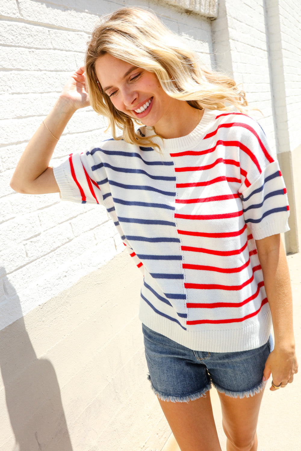 Patriotic Red & Blue Stripe Drop Shoulder Oversize Sweater Top