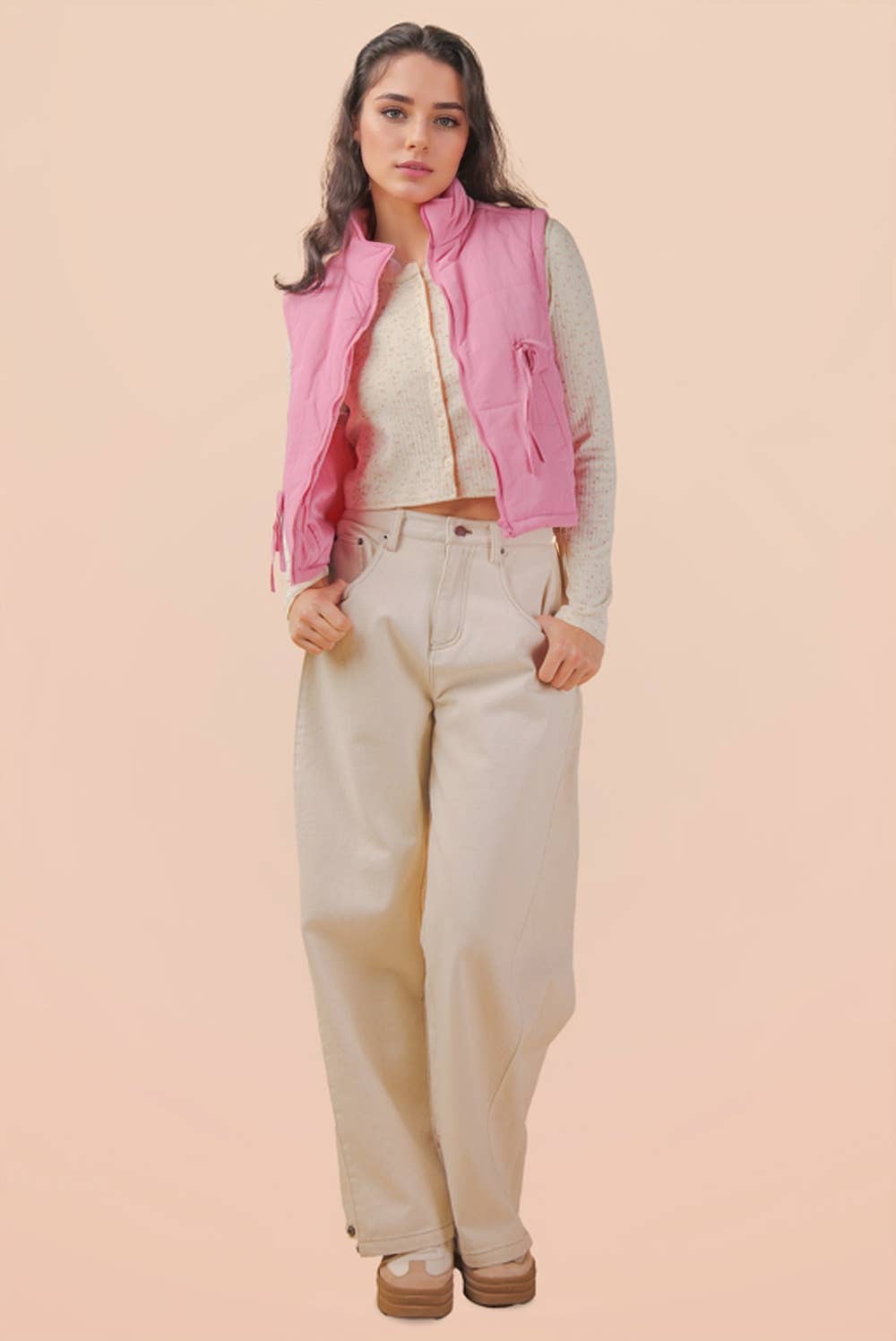 Pick Up - Tie Detail Mock Neck Casual Puffer Vest