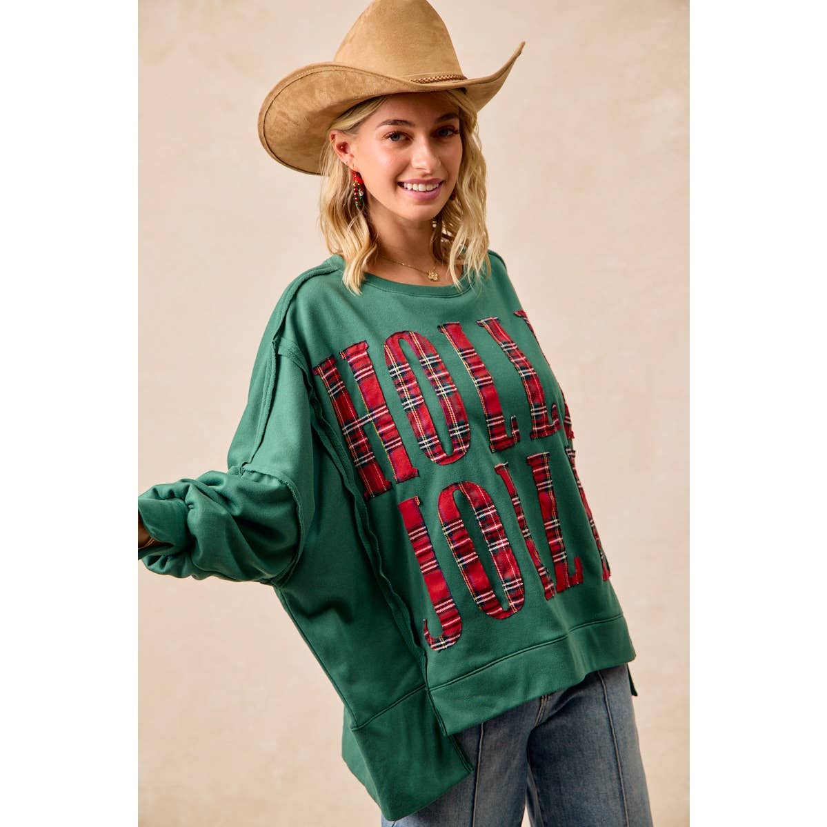 Pick Up - CHRISTMAS PLAID HOLLY JOLLY LETTERING SWEATSHIRT