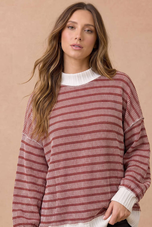 Pick Up - Striped Mock Neck Seamed Knit Top