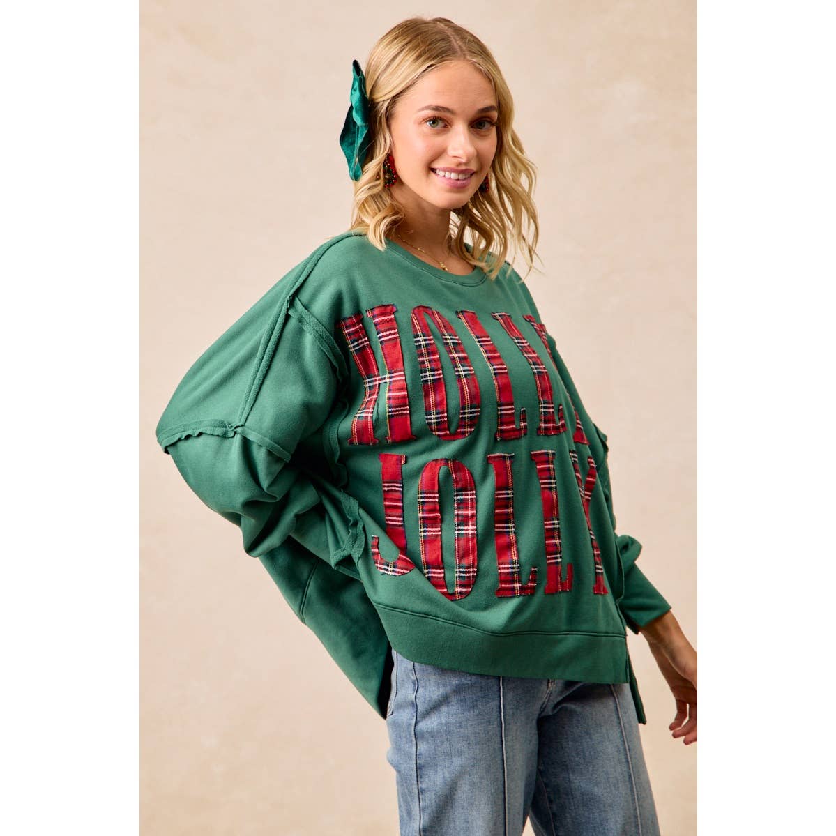 Pick Up - CHRISTMAS PLAID HOLLY JOLLY LETTERING SWEATSHIRT