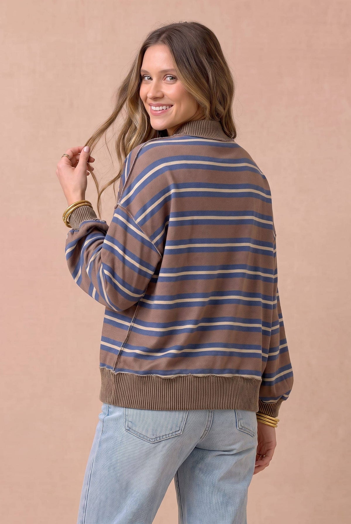 Pick Up - Striped Mock Neck Balloon Sleeve Knit Top