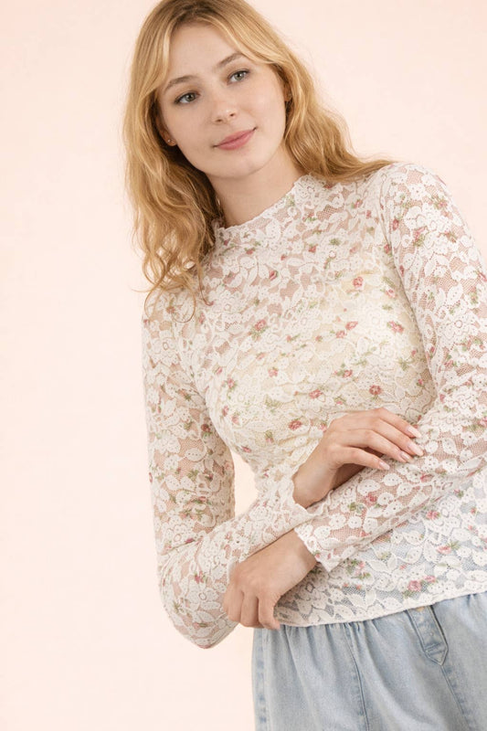Pick Up - High Neck Fitted Sheer Mesh Lace Top