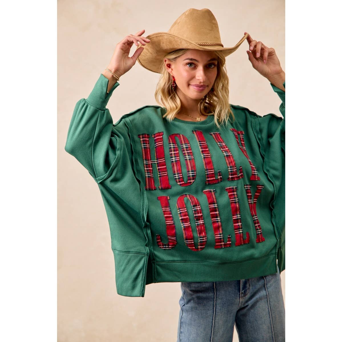 Pick Up - CHRISTMAS PLAID HOLLY JOLLY LETTERING SWEATSHIRT