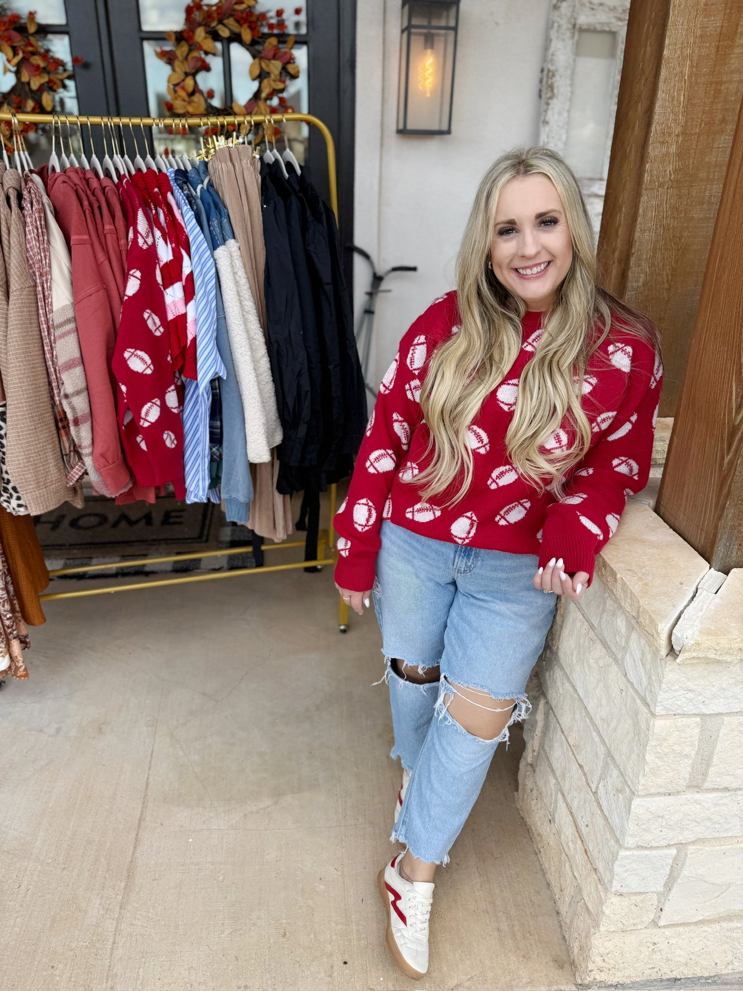 Pick Up - Game Day Red Football Print Jacquard Knit Sweater