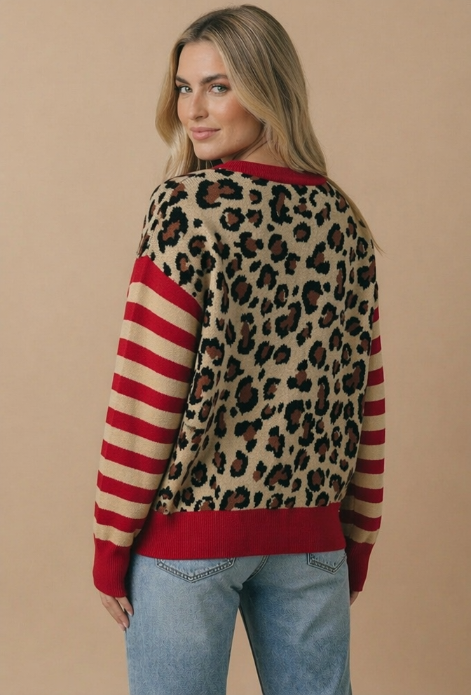 Pick Up - Striped Leopard Jacquard Button Cardigan