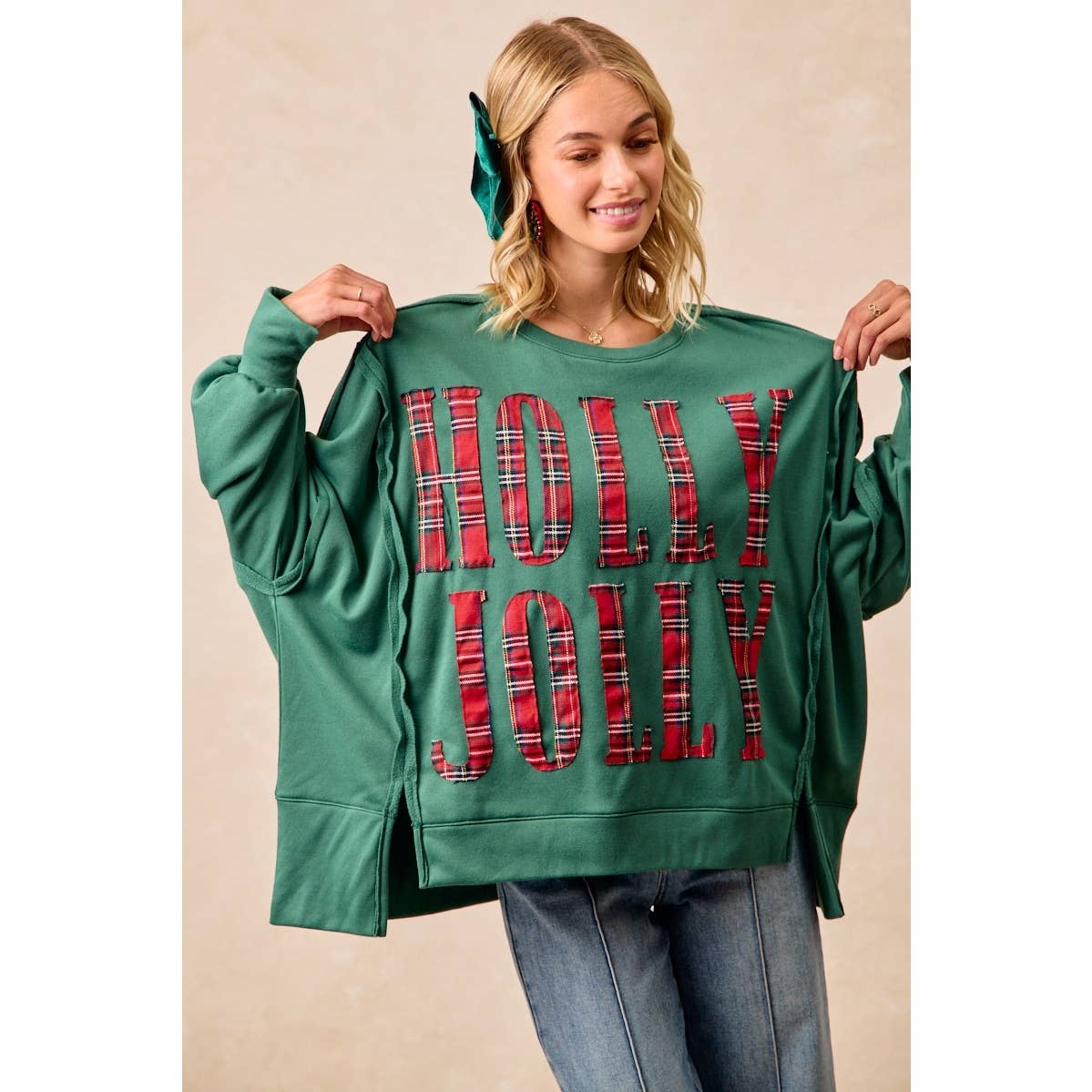 Pick Up - CHRISTMAS PLAID HOLLY JOLLY LETTERING SWEATSHIRT