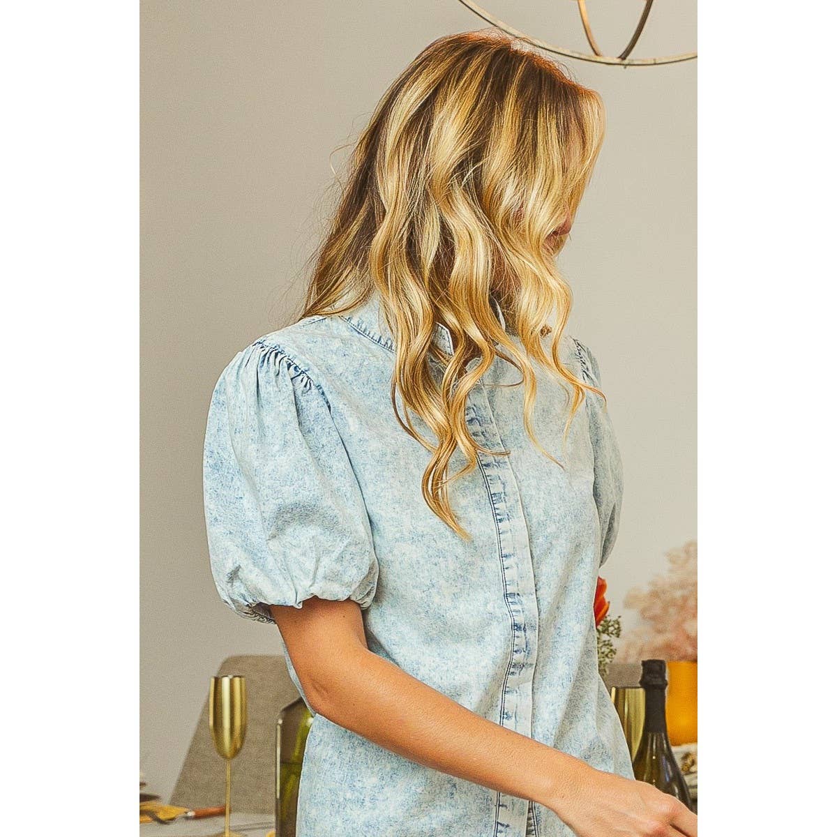 Pick up - MINERAL WASHED BUTTONED UP SHIRT WITH PUFF SLEEVES