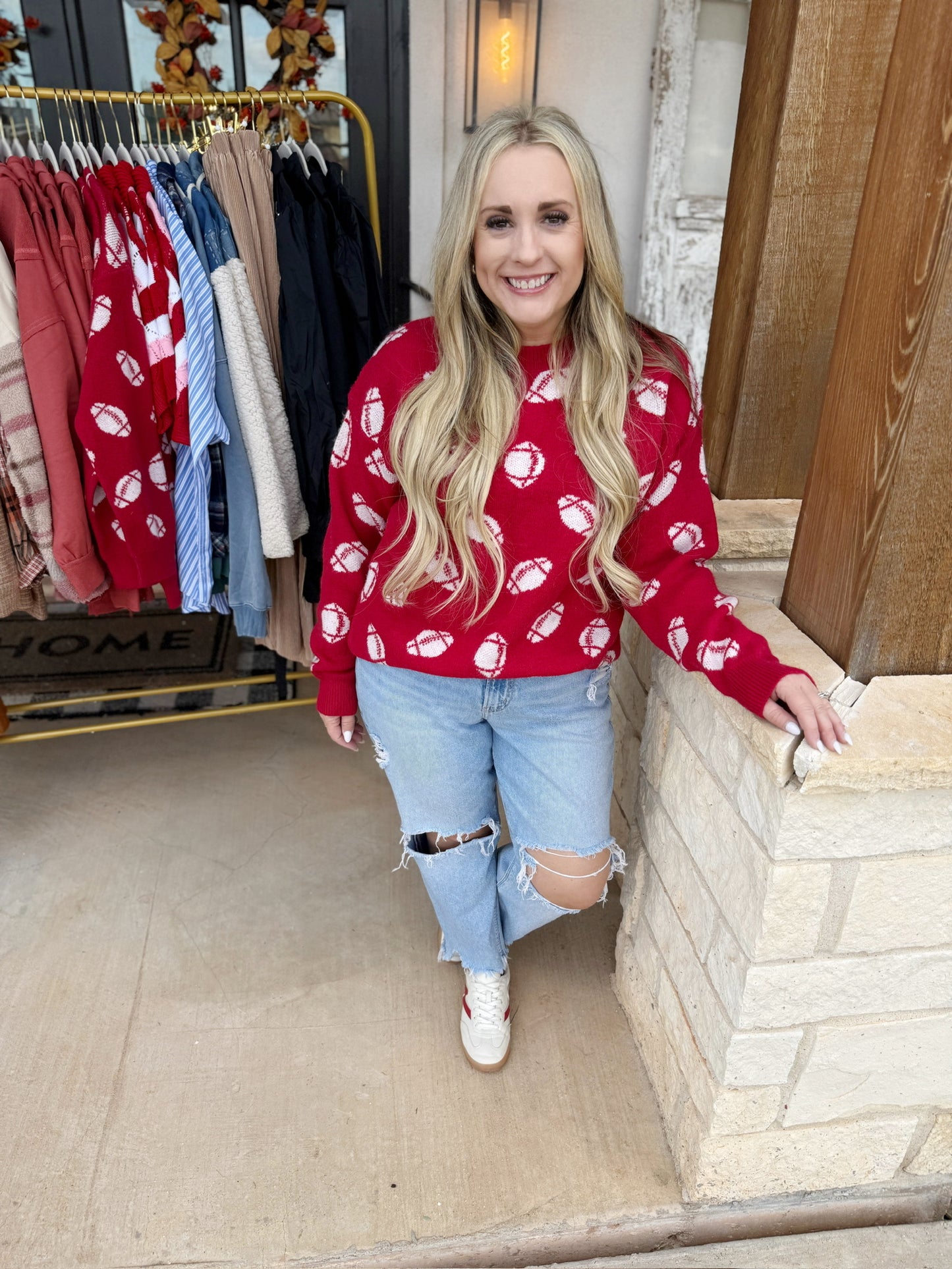 Pick Up - Game Day Red Football Print Jacquard Knit Sweater