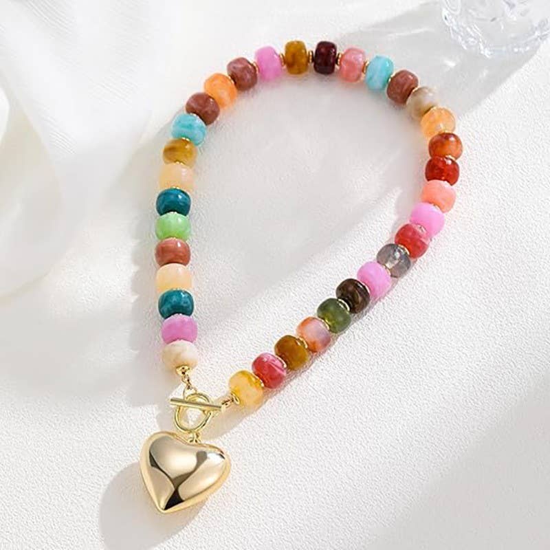 Pick Up - MULTI-COLORED BEADED HEART CHARM TOGGLE NECKLACE