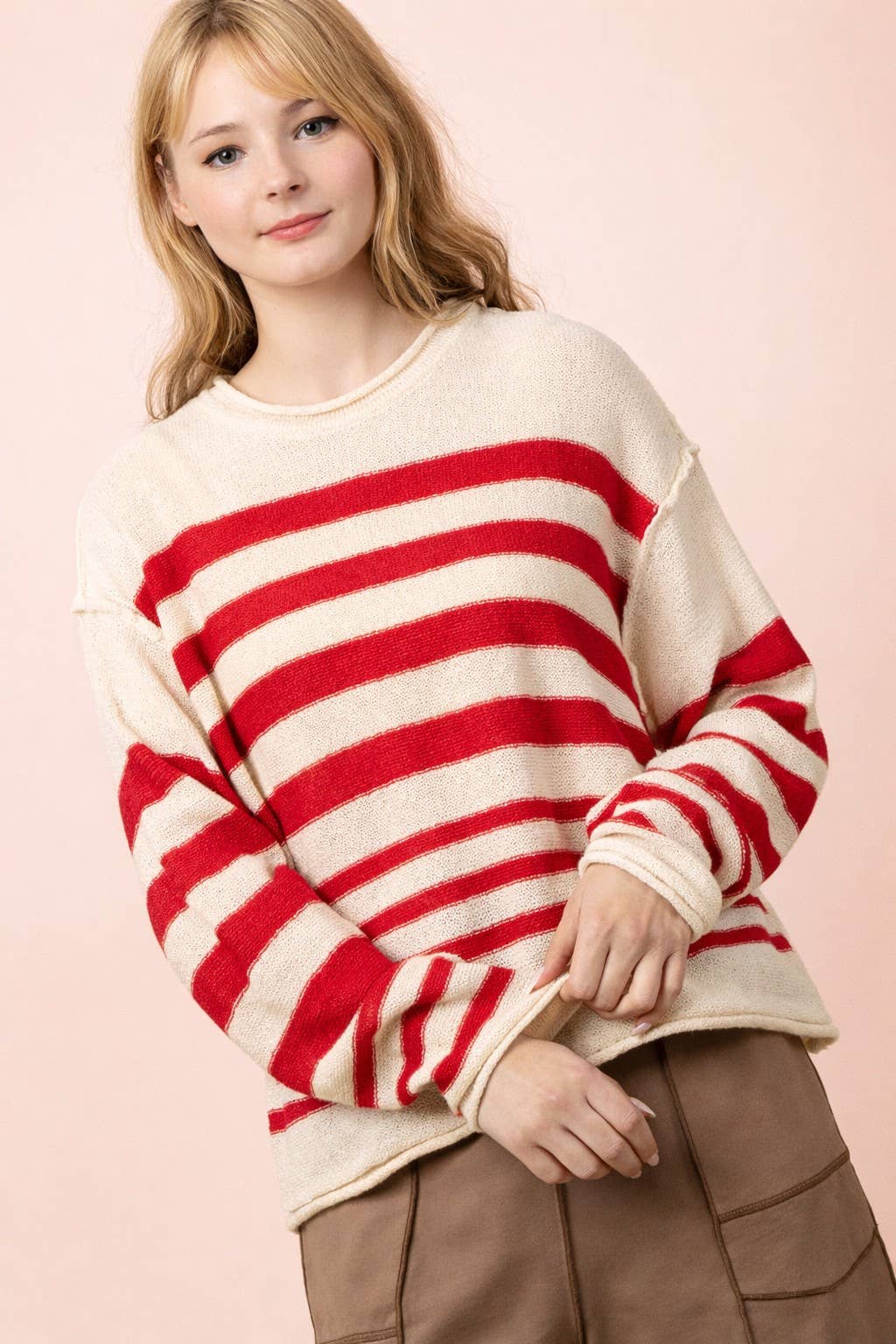 Pick Up - Red, White, & Bloom Striped Sweater