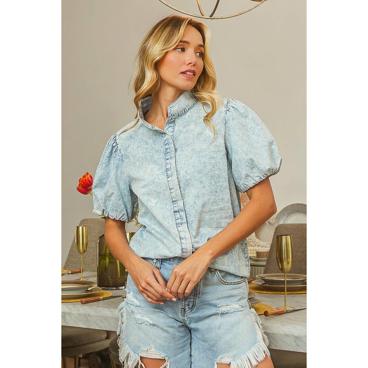 Pick up - MINERAL WASHED BUTTONED UP SHIRT WITH PUFF SLEEVES