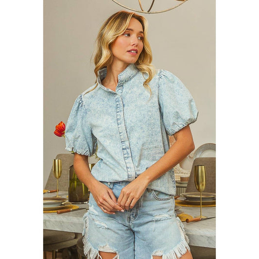 Pick up - MINERAL WASHED BUTTONED UP SHIRT WITH PUFF SLEEVES