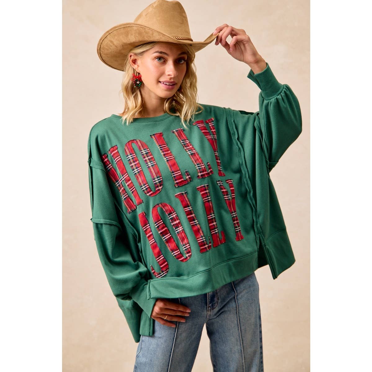 Pick Up - CHRISTMAS PLAID HOLLY JOLLY LETTERING SWEATSHIRT