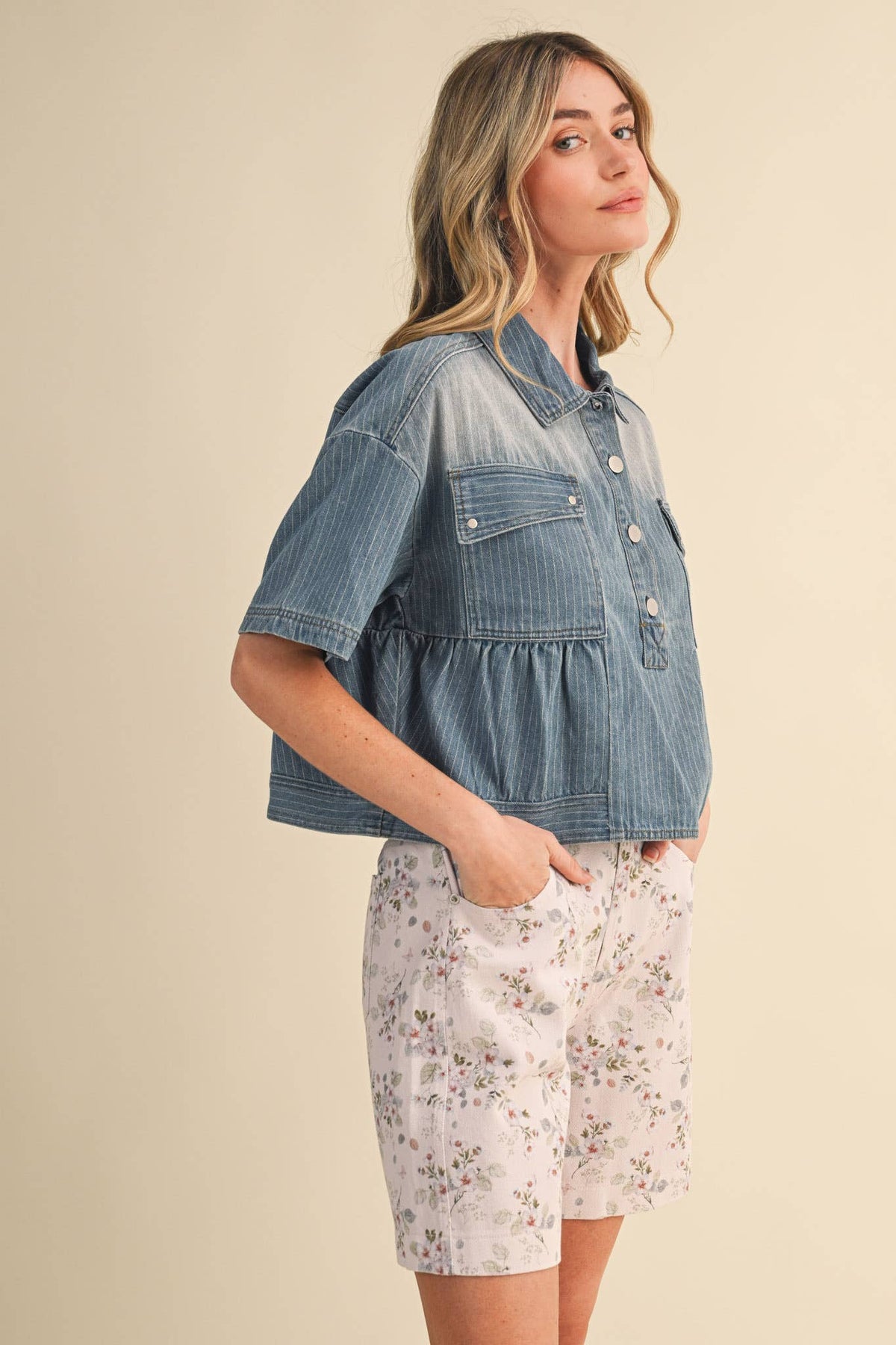 Pick Up - PINSTRIPE DENIM CROPPED BABYDOLL TOP