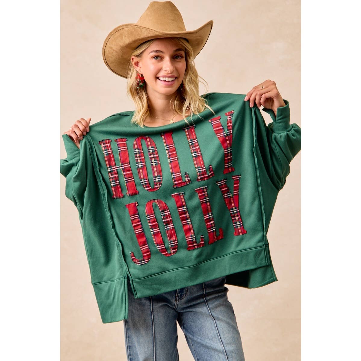 Pick Up - CHRISTMAS PLAID HOLLY JOLLY LETTERING SWEATSHIRT