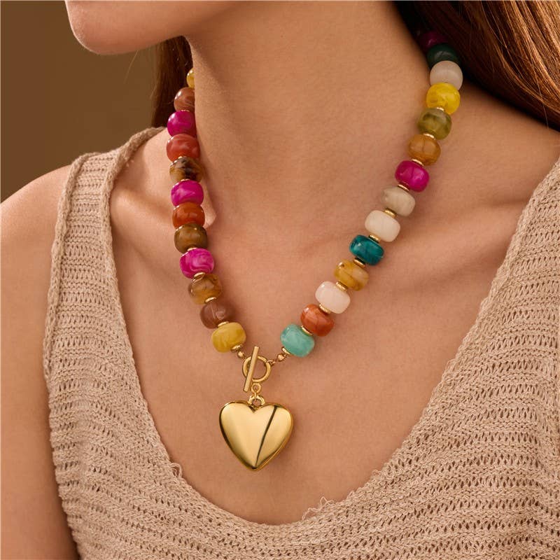 Pick Up - MULTI-COLORED BEADED HEART CHARM TOGGLE NECKLACE
