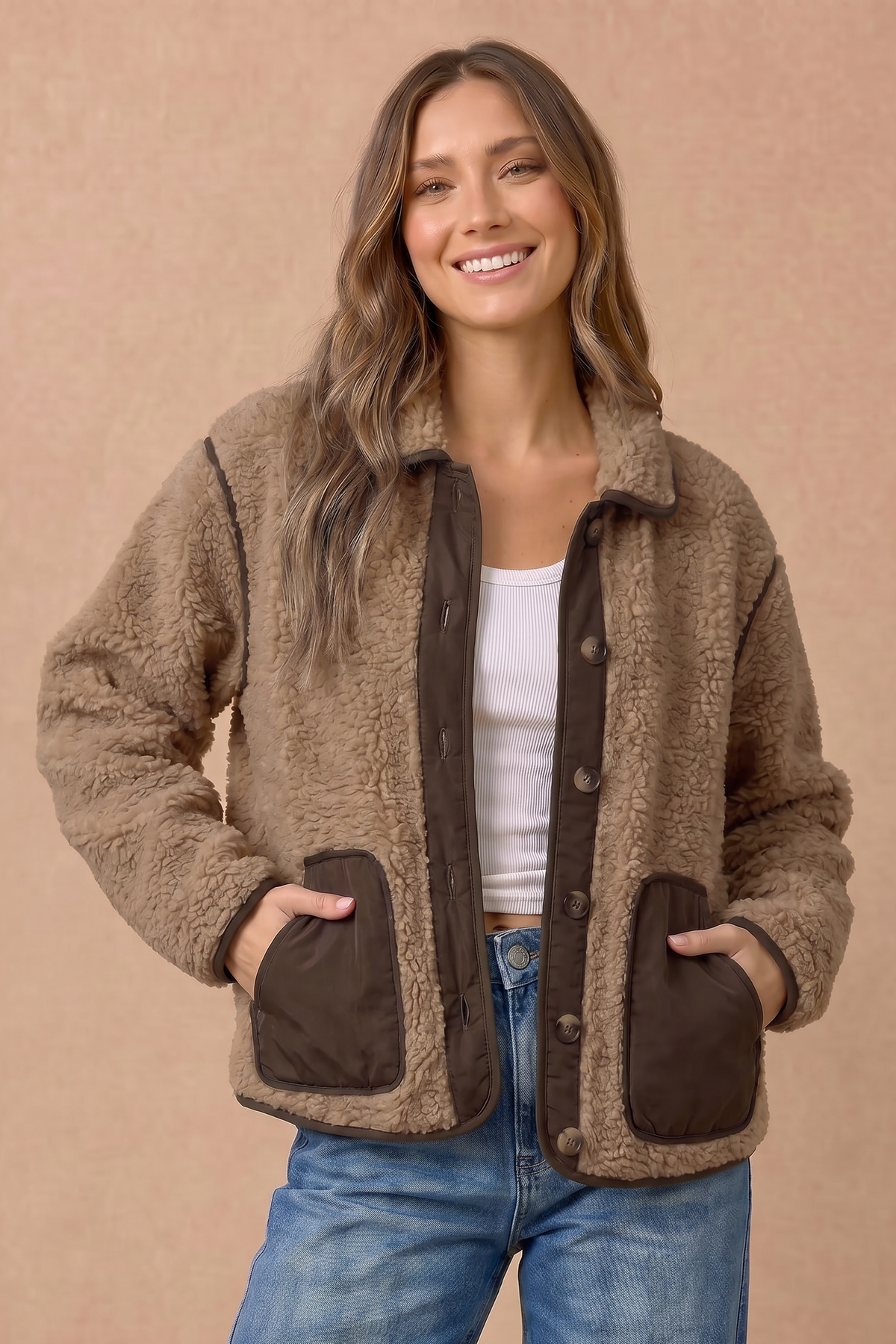Pick Up - Loose Fit Sherpa Fleece Color Block Jacket