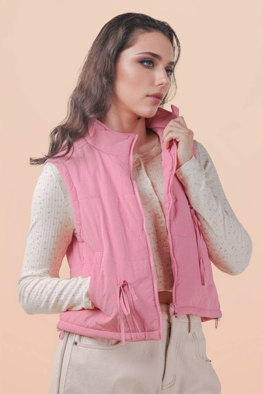 Pick Up - Tie Detail Mock Neck Casual Puffer Vest