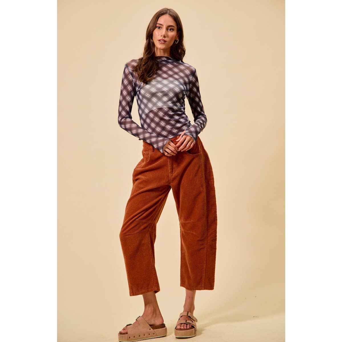 Pick Up - RUST MID RISE CORDUROY BARREL PANTS