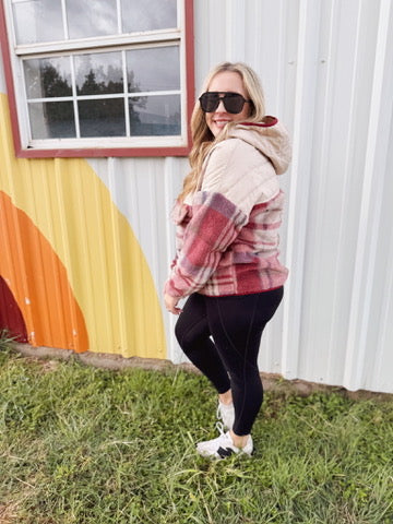 Pick Up - Tried & True Oatmeal & Garnet Plaid Half Zip Puffer Hoodie