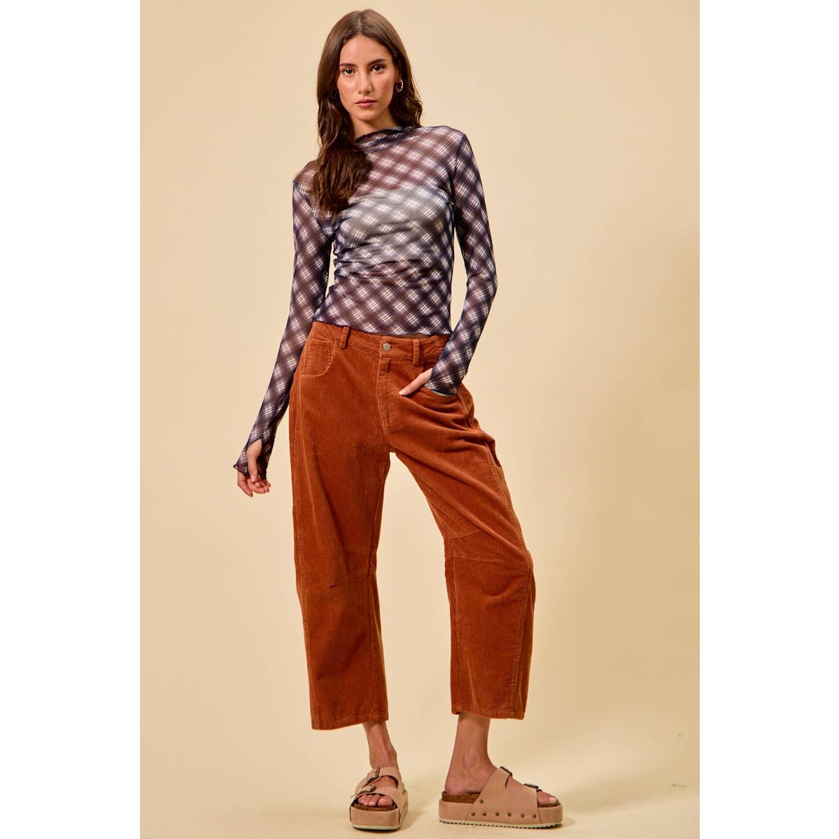 Pick Up - RUST MID RISE CORDUROY BARREL PANTS
