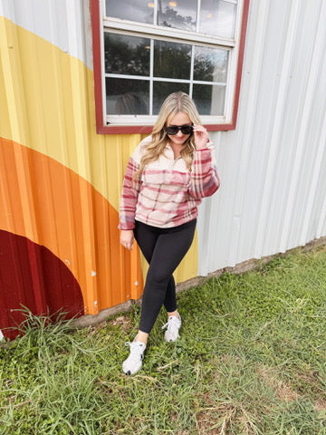 Pick Up - Tried & True Oatmeal & Garnet Plaid Half Zip Puffer Hoodie