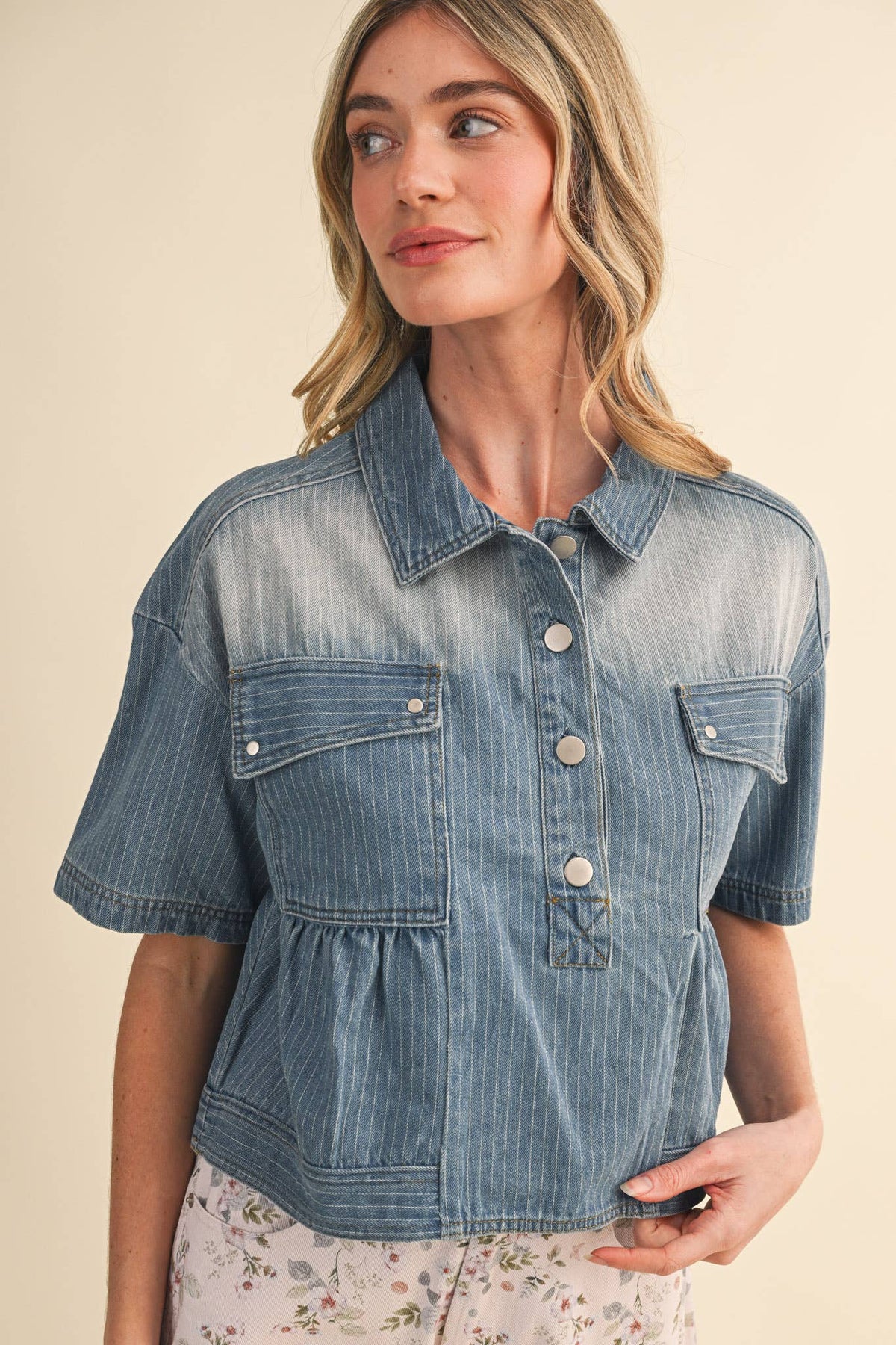 Pick Up - PINSTRIPE DENIM CROPPED BABYDOLL TOP