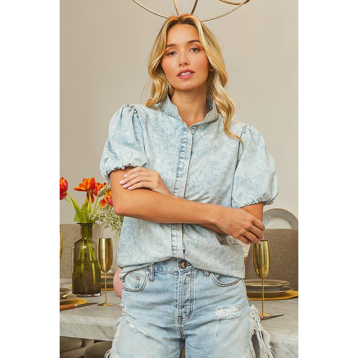 Pick up - MINERAL WASHED BUTTONED UP SHIRT WITH PUFF SLEEVES