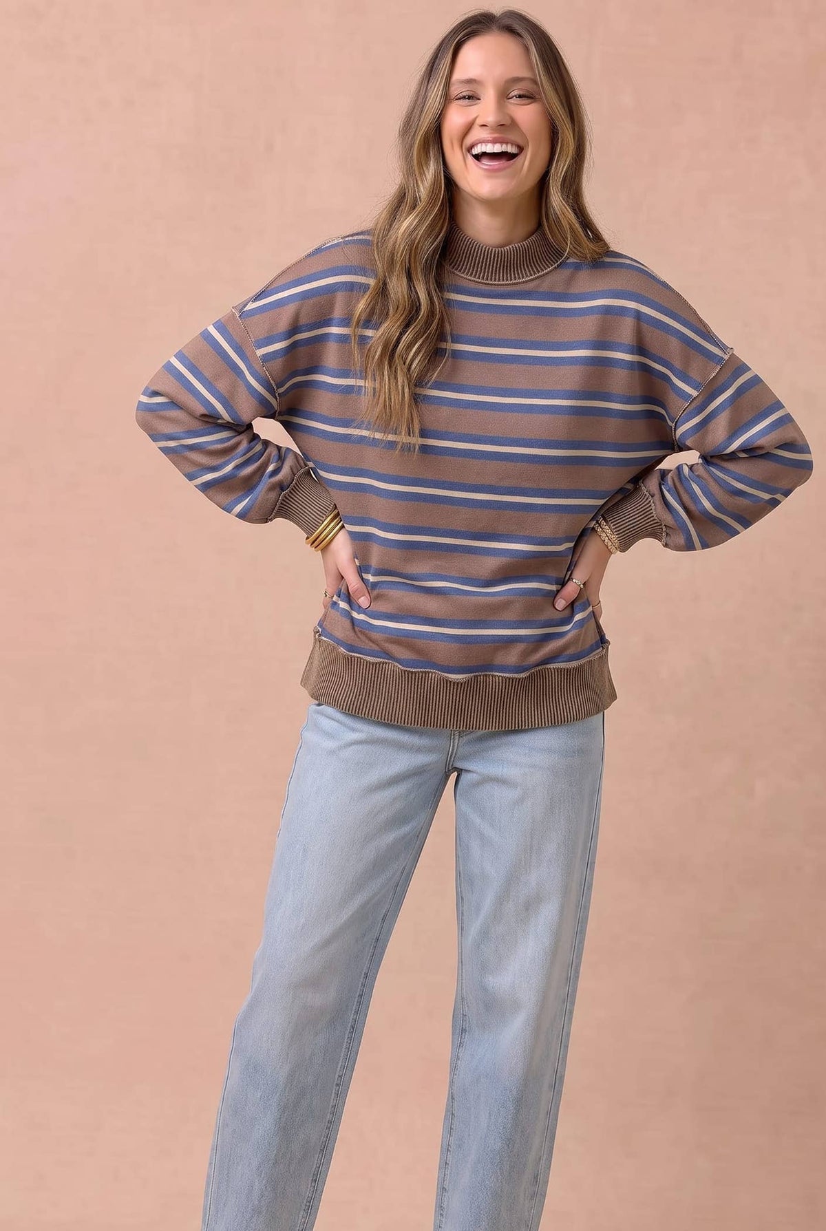 Pick Up - Striped Mock Neck Balloon Sleeve Knit Top