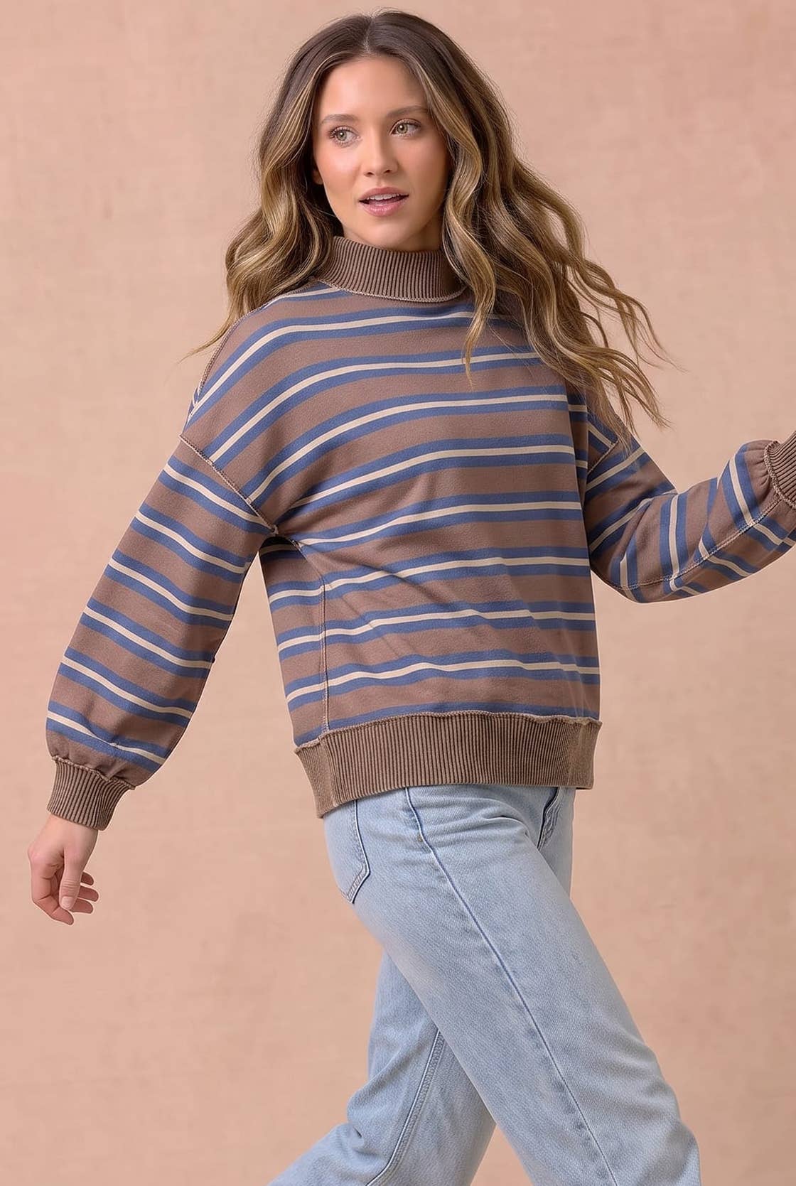 Pick Up - Striped Mock Neck Balloon Sleeve Knit Top
