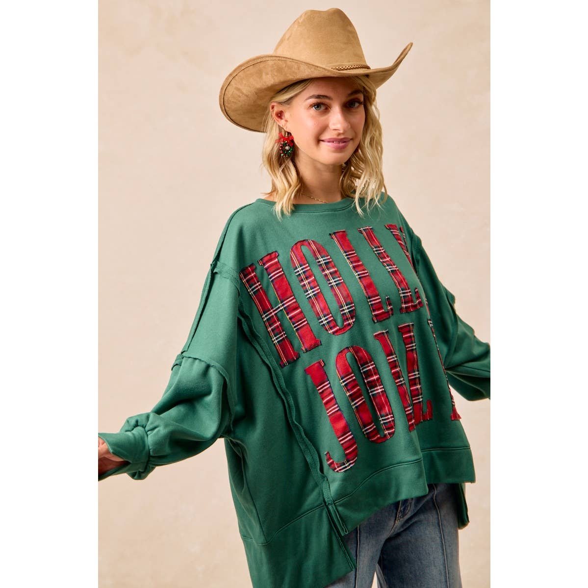 Pick Up - CHRISTMAS PLAID HOLLY JOLLY LETTERING SWEATSHIRT