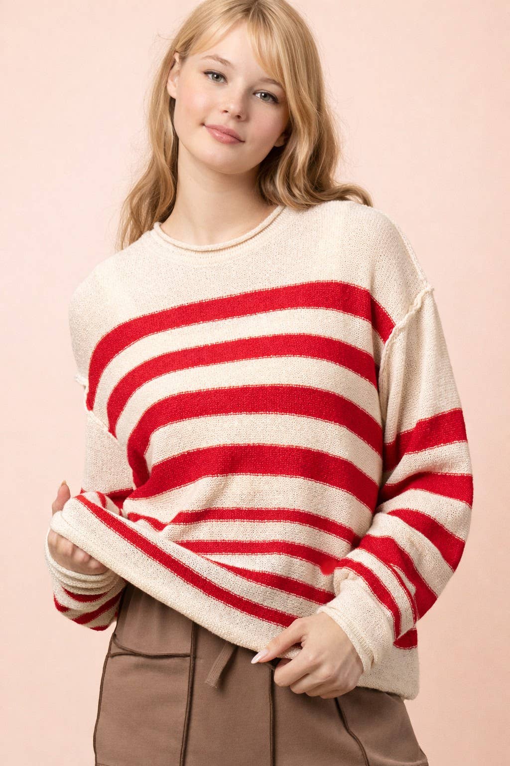 Pick Up - Red, White, & Bloom Striped Sweater