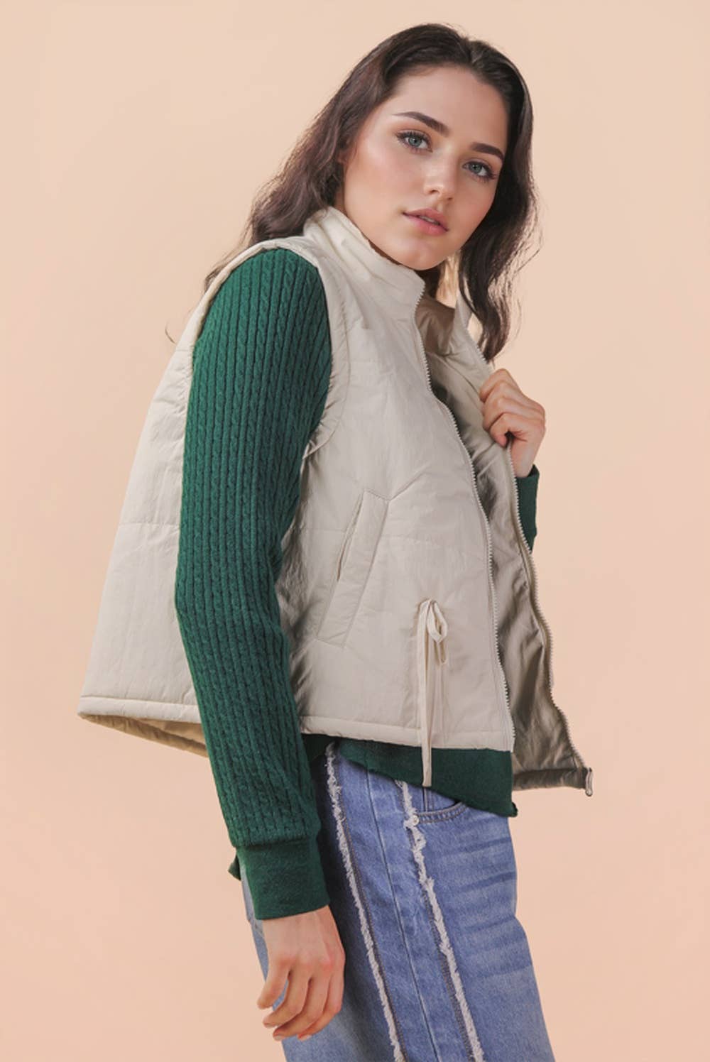 Pick Up - Tie Detail Mock Neck Casual Puffer Vest