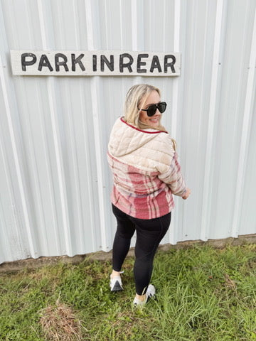Pick Up - Tried & True Oatmeal & Garnet Plaid Half Zip Puffer Hoodie