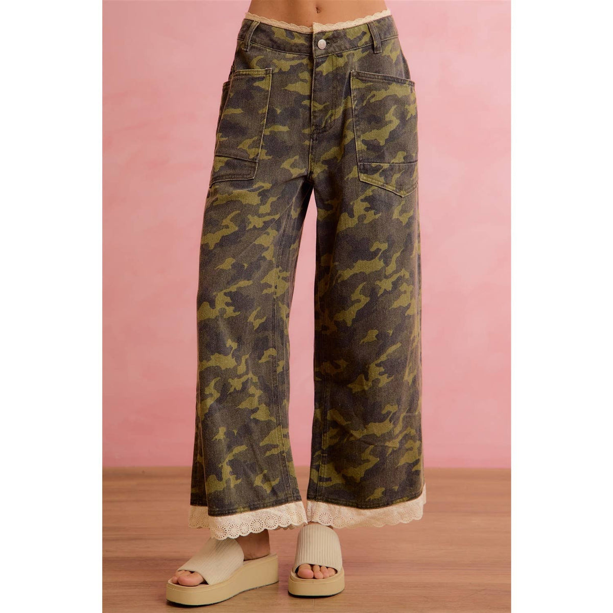 Pick Up - CAMO CROCHET LACE TRIM RELAXED STRAIGHT WIDE LEG PANTS