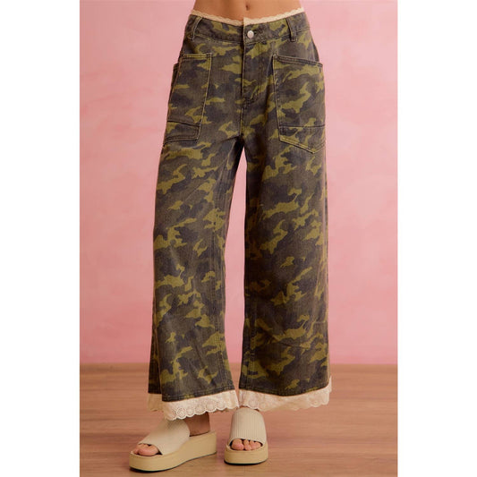 Pick Up - CAMO CROCHET LACE TRIM RELAXED STRAIGHT WIDE LEG PANTS