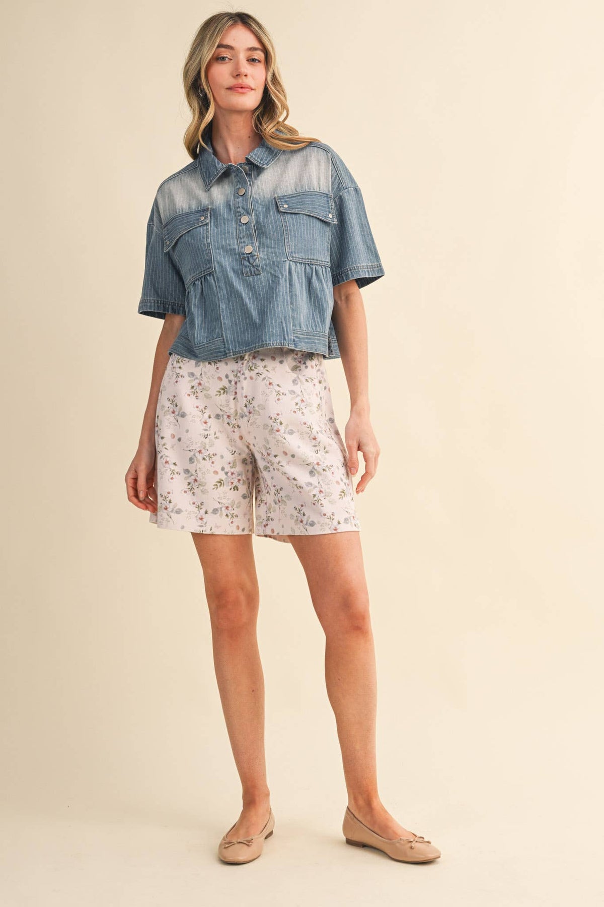 Pick Up - PINSTRIPE DENIM CROPPED BABYDOLL TOP