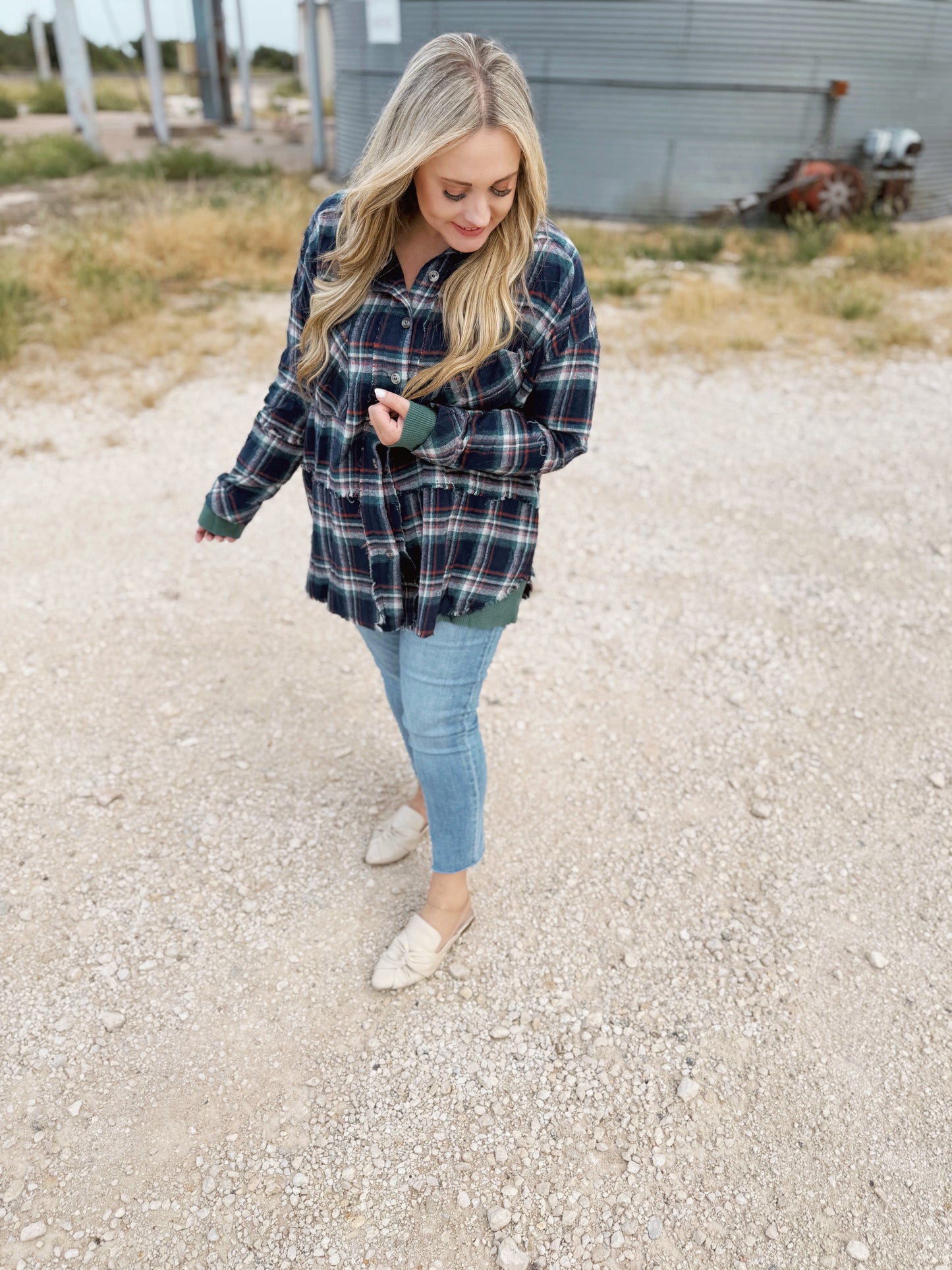 Pick Up - Blue Plaid Button Down Long Sleeve Top with Waffle Fabric Details