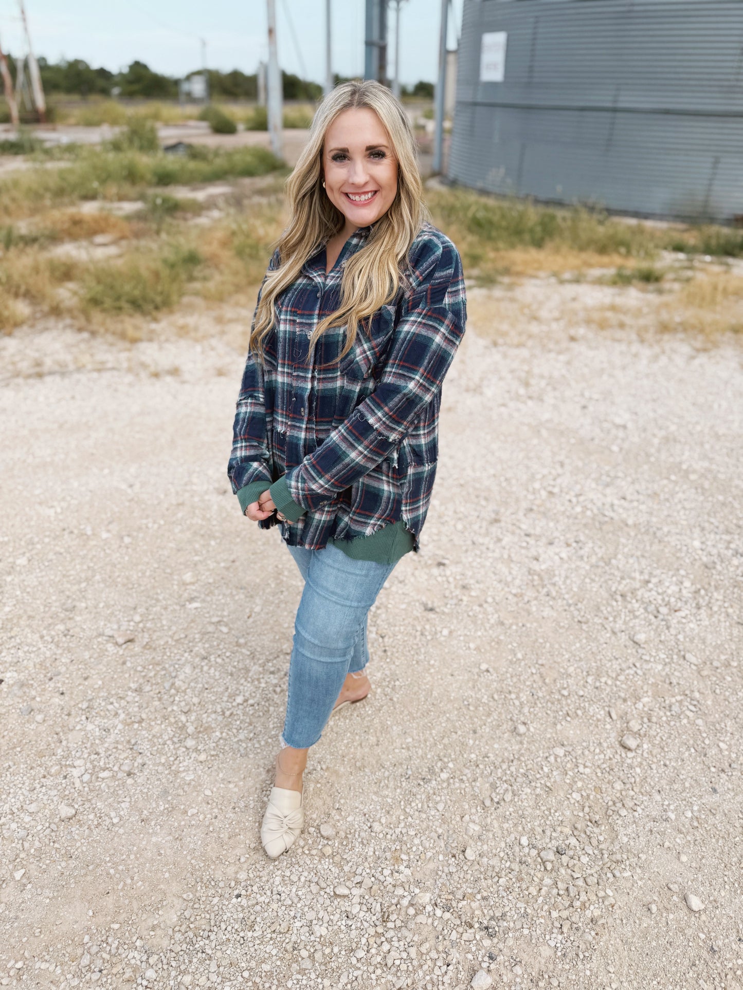 Pick Up - Blue Plaid Button Down Long Sleeve Top with Waffle Fabric Details