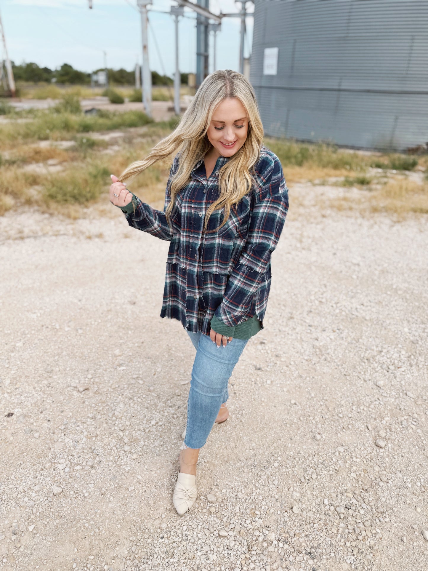 Pick Up - Blue Plaid Button Down Long Sleeve Top with Waffle Fabric Details