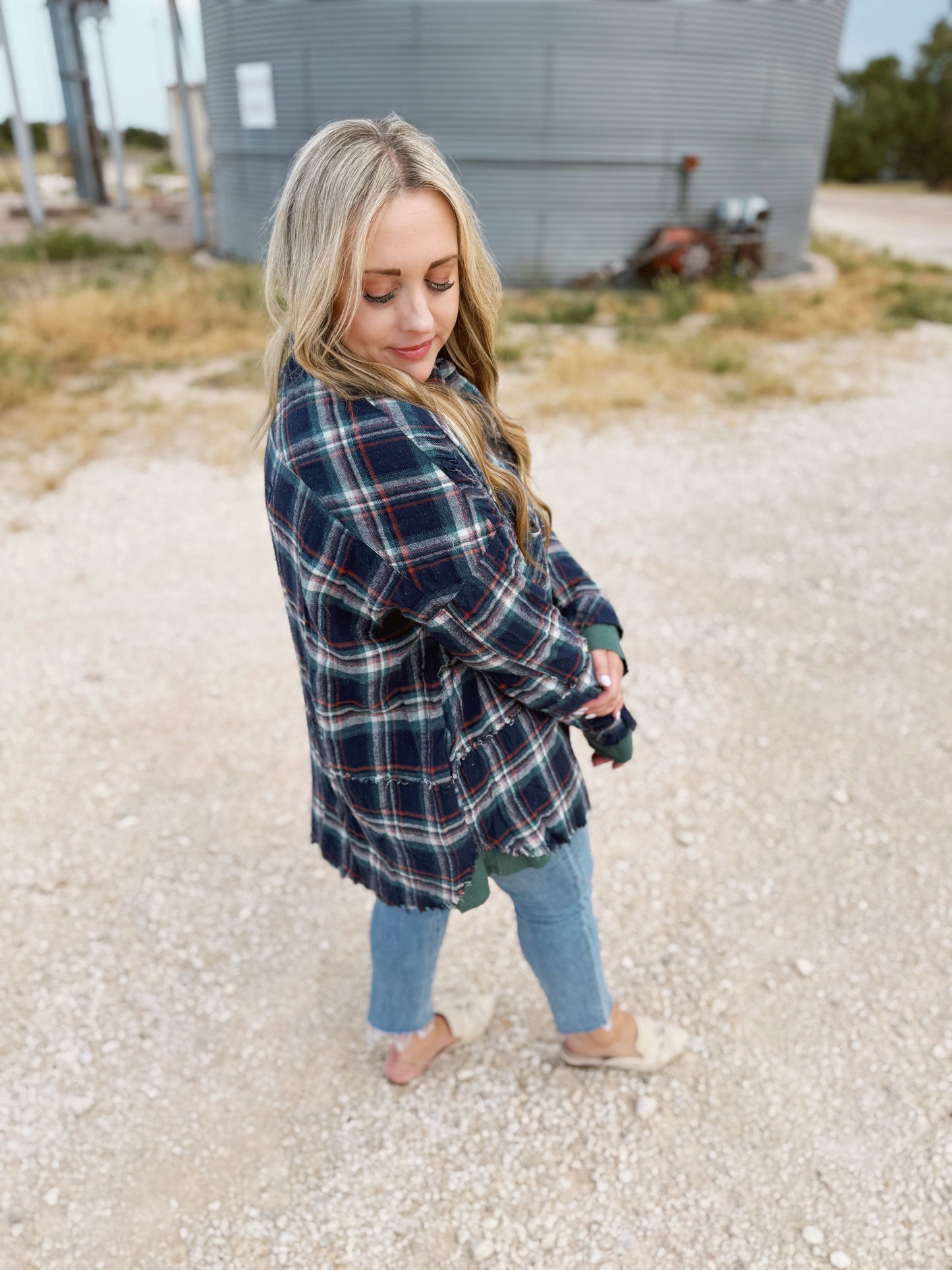 Pick Up - Blue Plaid Button Down Long Sleeve Top with Waffle Fabric Details