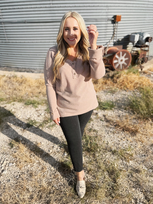 Pick Up - Casual Living Brown Henley Cuff Sleeve Side Slit Pullover