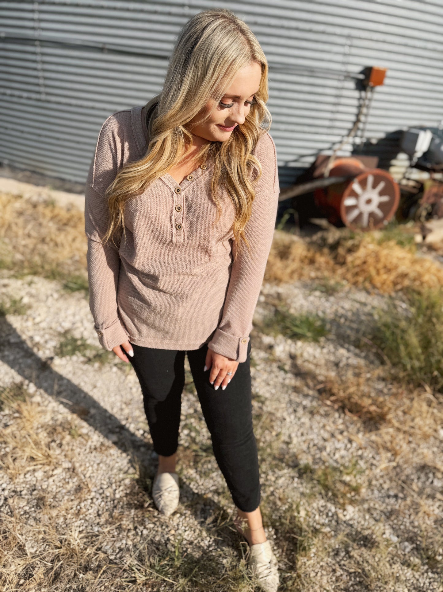 Pick Up - Casual Living Brown Henley Cuff Sleeve Side Slit Pullover