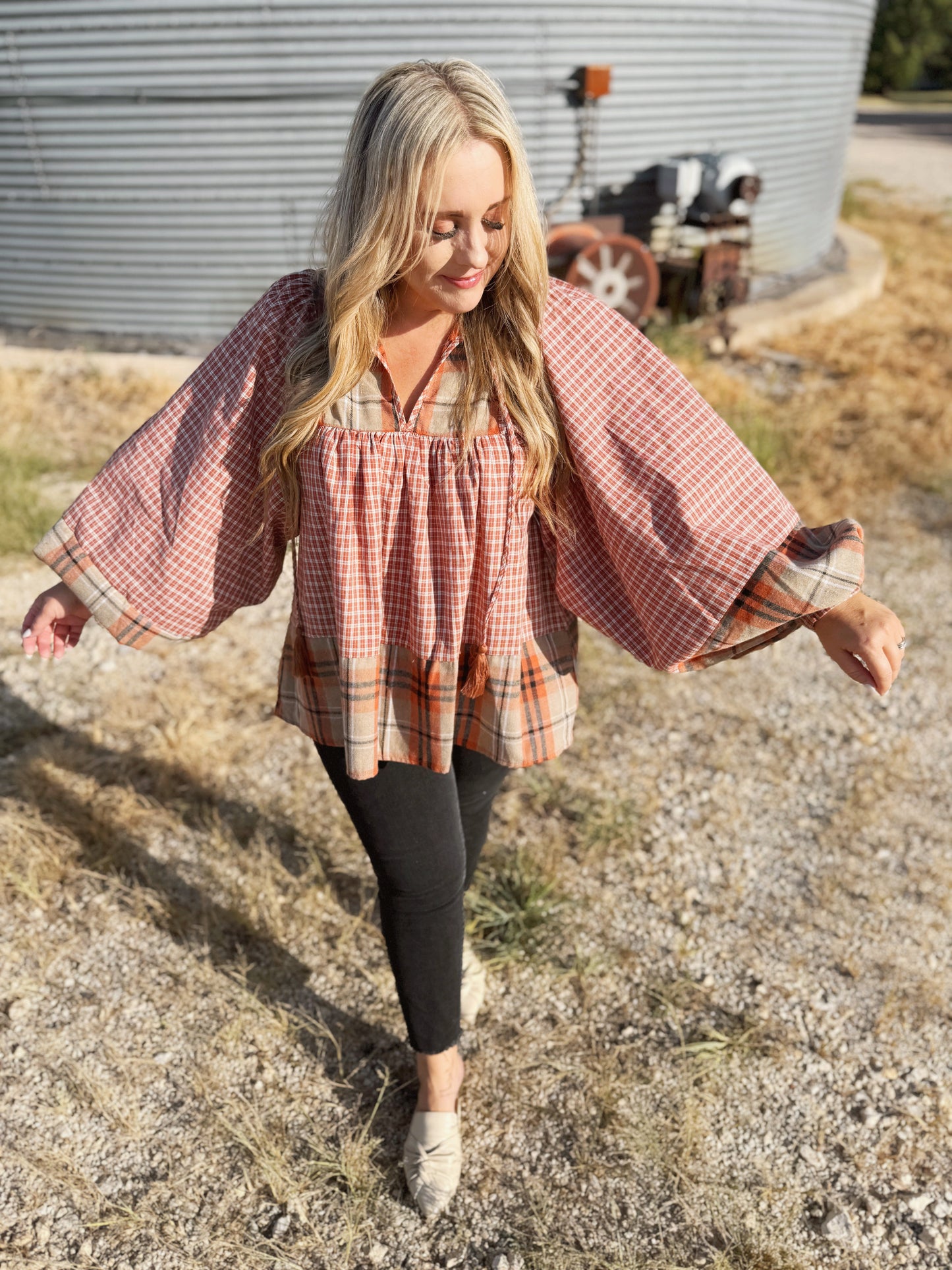 Pick Up - Under Your Spell Rust Plaid Color Block Notch Neck Top