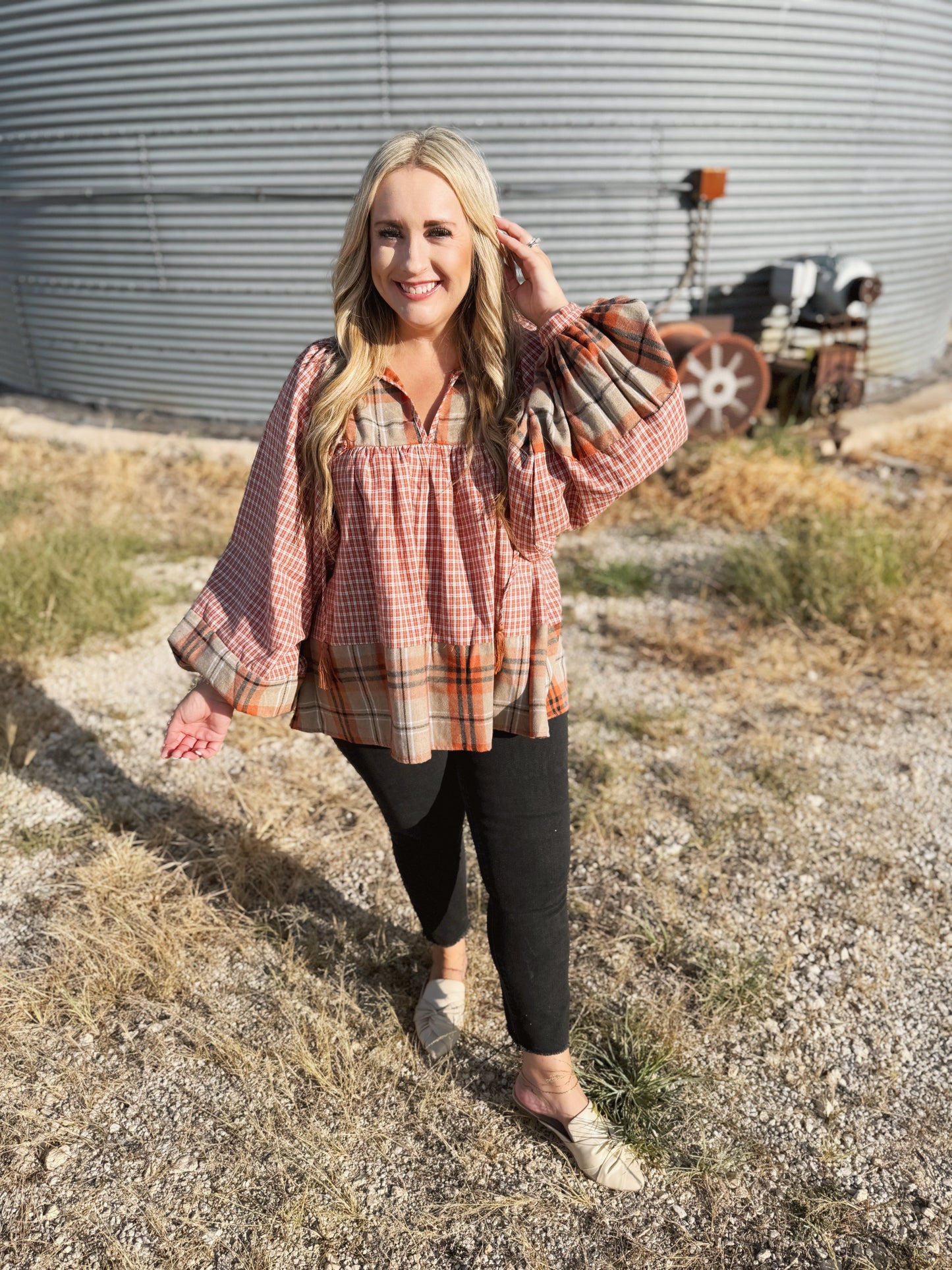 Pick Up - Under Your Spell Rust Plaid Color Block Notch Neck Top