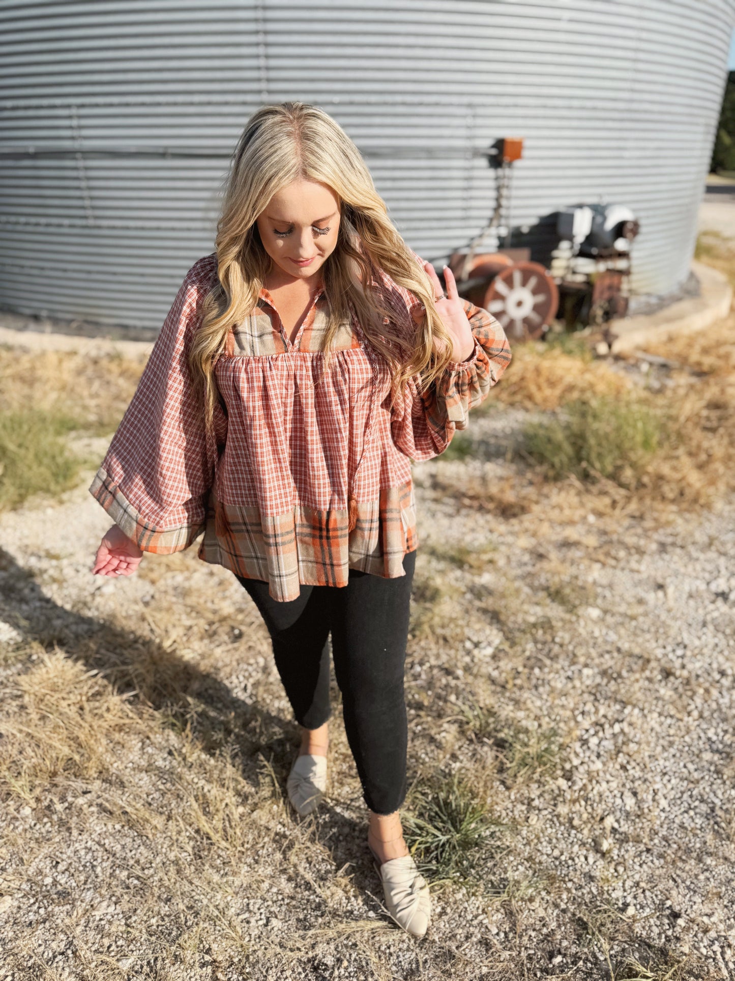 Pick Up - Under Your Spell Rust Plaid Color Block Notch Neck Top