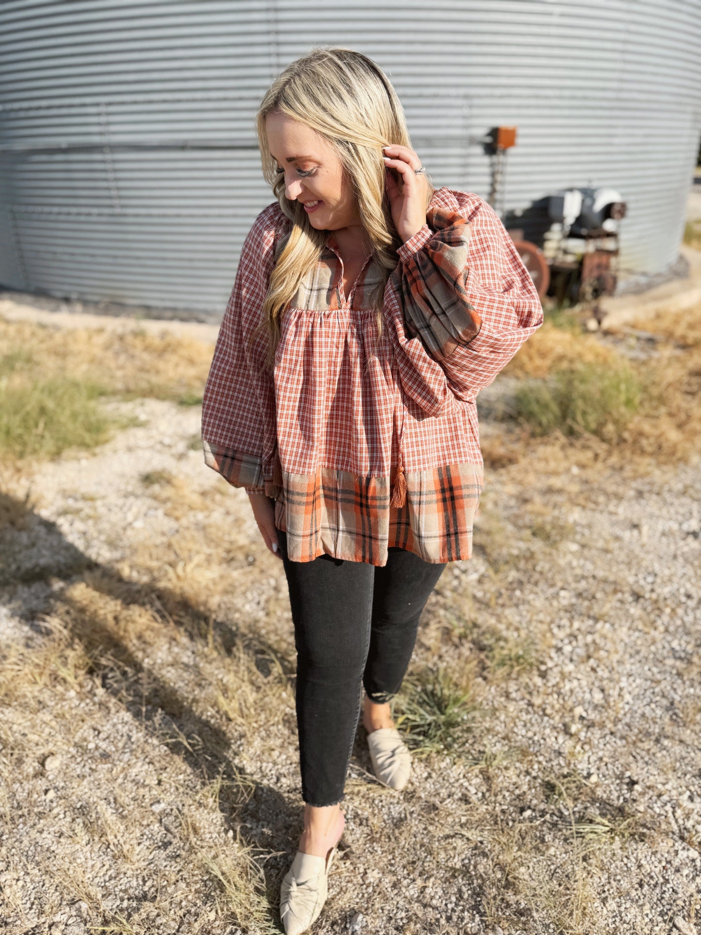 Pick Up - Under Your Spell Rust Plaid Color Block Notch Neck Top