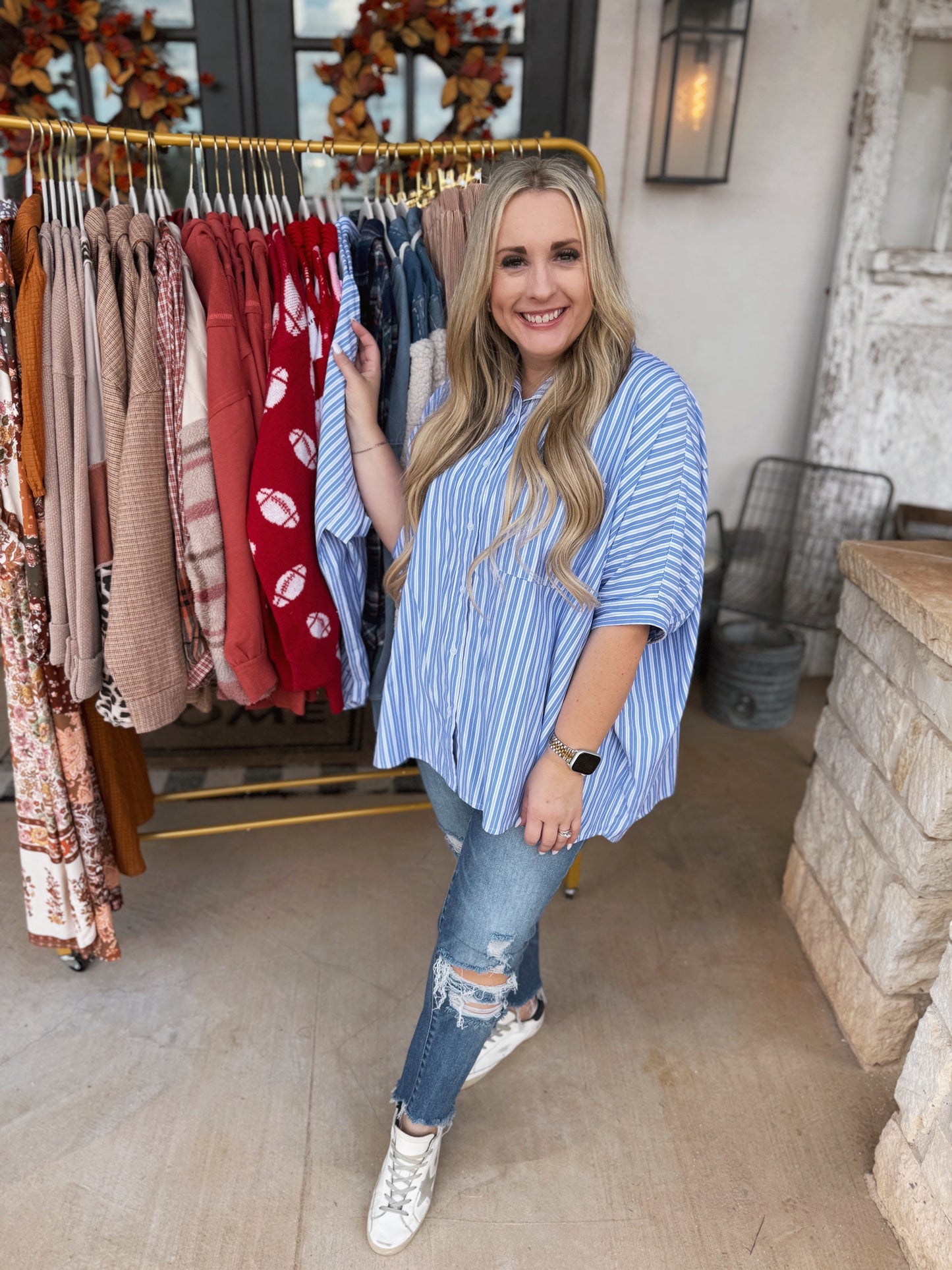Pick Up - Put Together Blue & White Button-Down Dolman Top